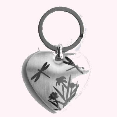 Dragonfly and Flowers Keyring Chrome Heart