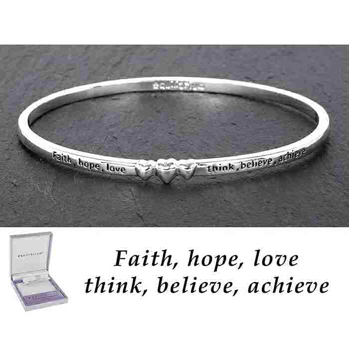 equilibrium Bangle 3 Hearts ''Faith, hope, love, think, believe, achieve'' Silver Plated