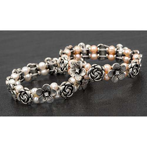 Equilibrium Genuine Fresh Water Pearls Rose Daisy Stretch Flower Bracelet