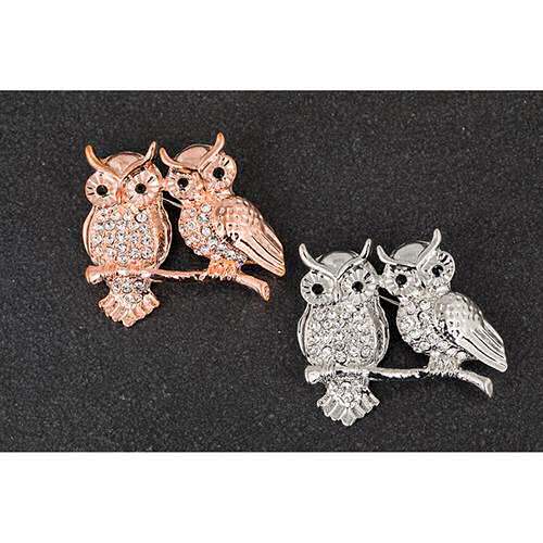 Two Owls on Tree Branch Brooch plated with real rose gold or real white gold equilibrium
