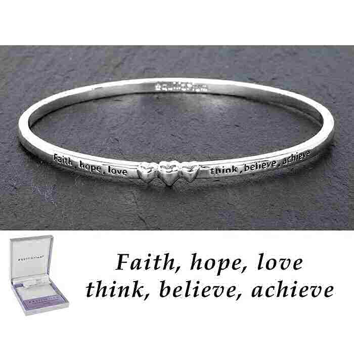 equilibrium Bangle 3 Hearts ''Faith, hope, love, think, believe, achieve'' Silver Plated