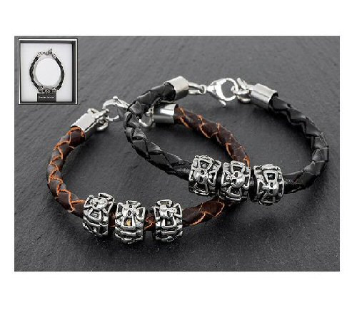equilibrium Men's Cross and Skull Bracelet available in Black or Brown Genuine Leather