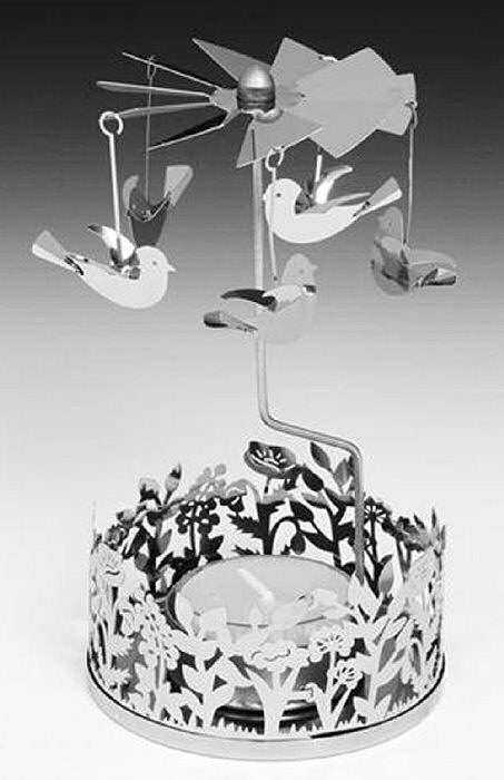 Spinning Carousel Tea Light Holder Silver Metal Birds